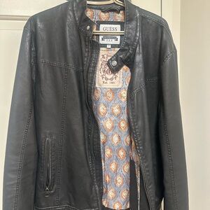 GUESS Black Faux Leather Jacket with Printed Lining